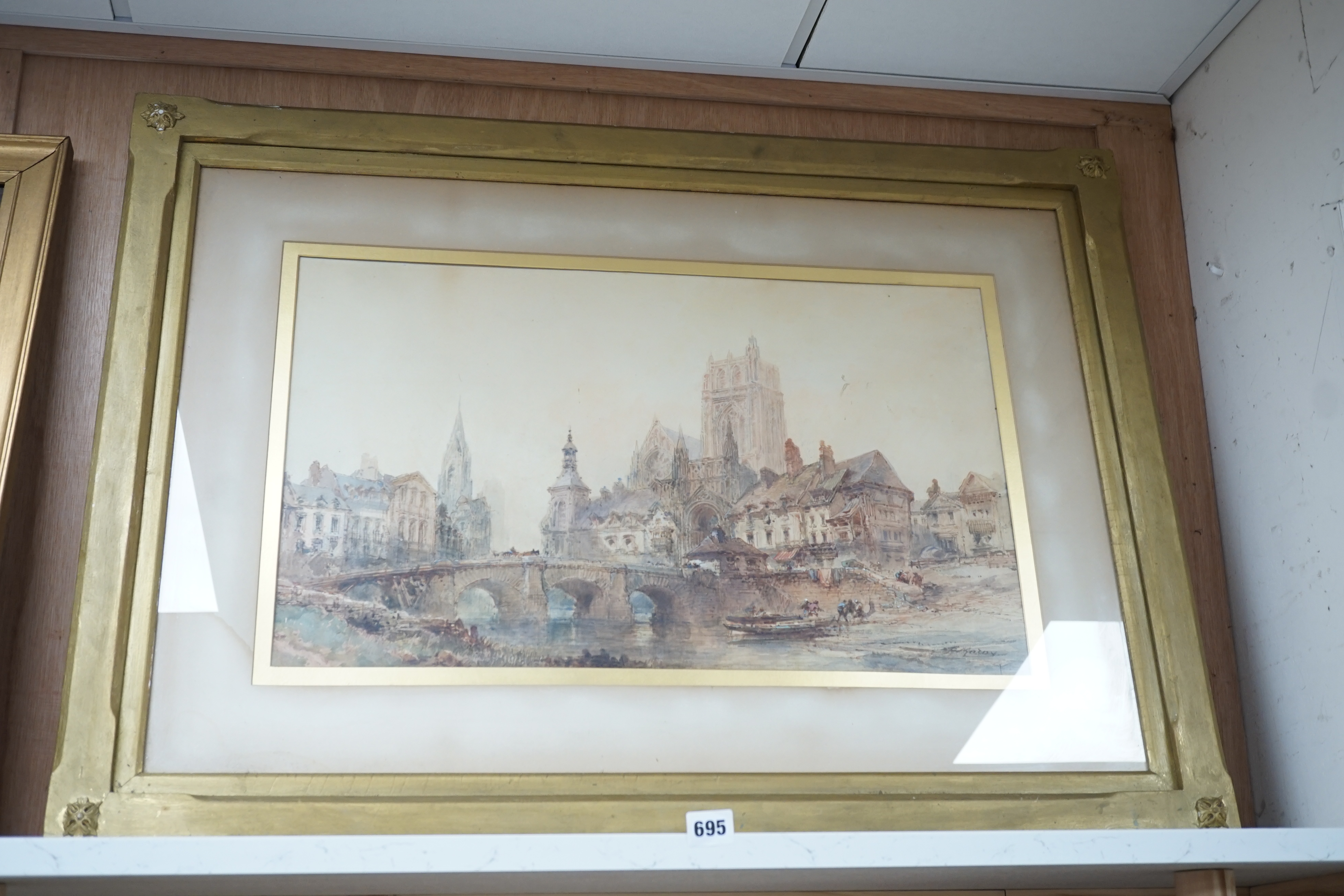 Paul Marny (1829-1914), watercolour, Cathedral cityscape, Abbeville, signed, 36 x 60cm